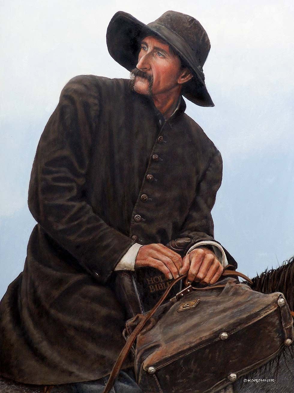 Historical artwork depicting a circuit rider preacher on horseback carrying a Bible